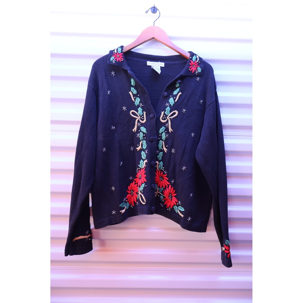 Victoria Jones Navy Blue Poinsettia Cardigan Sweater XL Holiday Vintage Floral